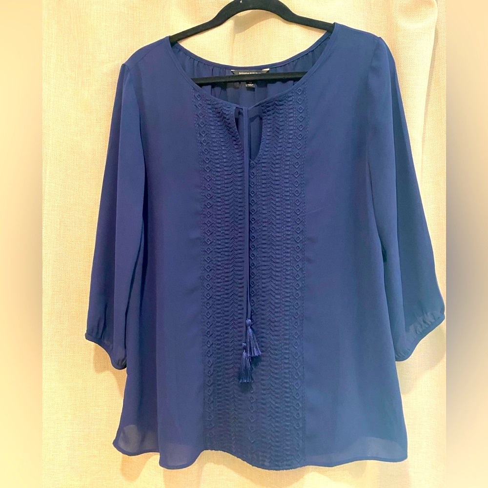 Banana Republic Navy Embroidered Peasant Top
